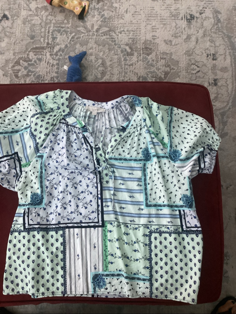 LOFT Mint Green and Blue Floral Peasant Top